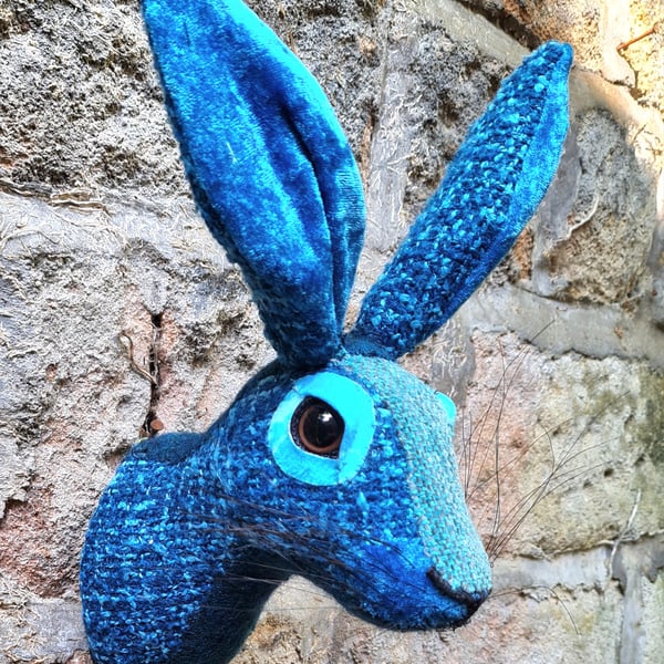 Faux hare head in turquoise and teal tweed by Crafted Creatures