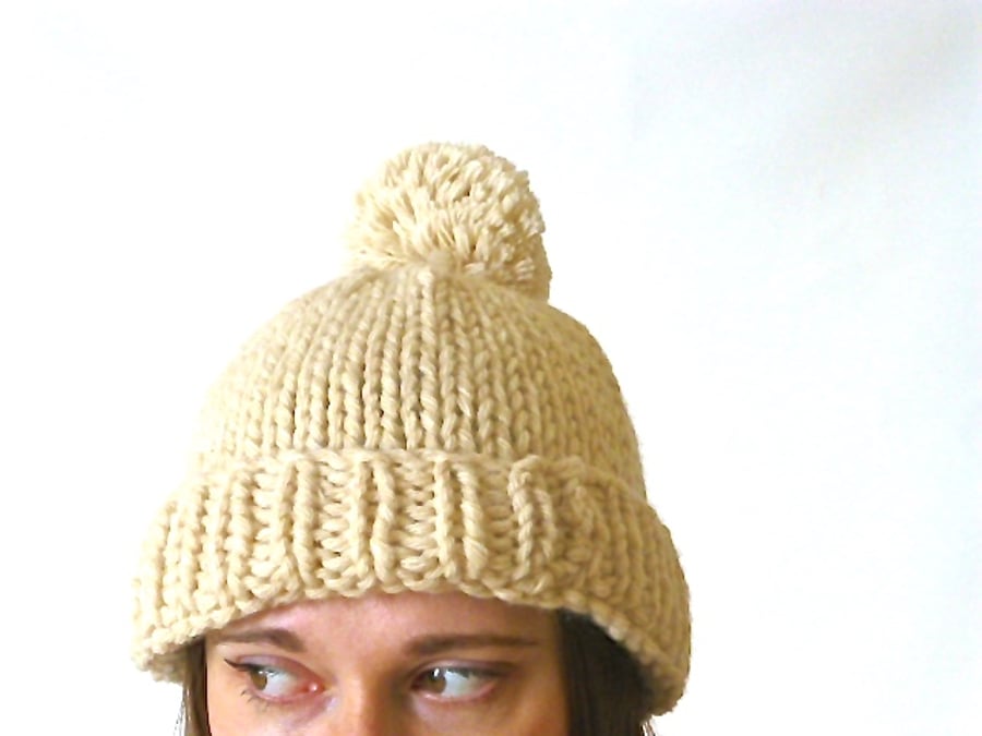 Cream knitted bobble hat, chunky knit beanie,  knitted slouchy hat