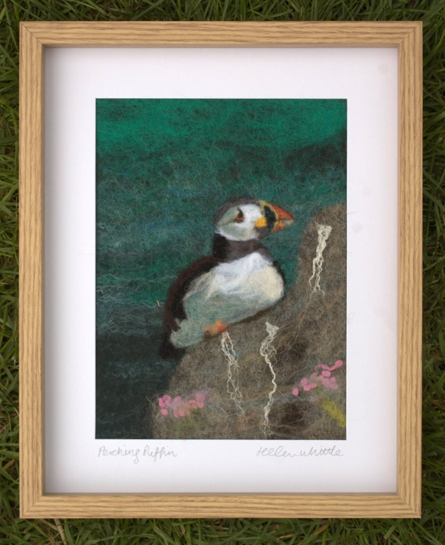 Perching Puffin - original felted art