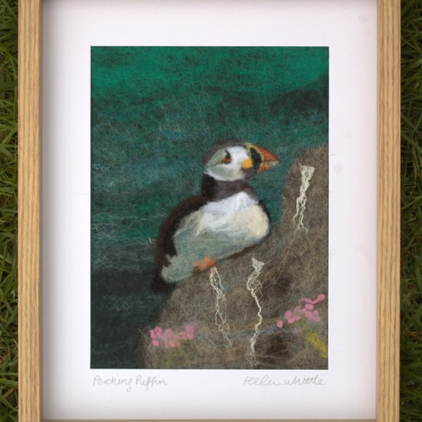 Perching Puffin - original felted art