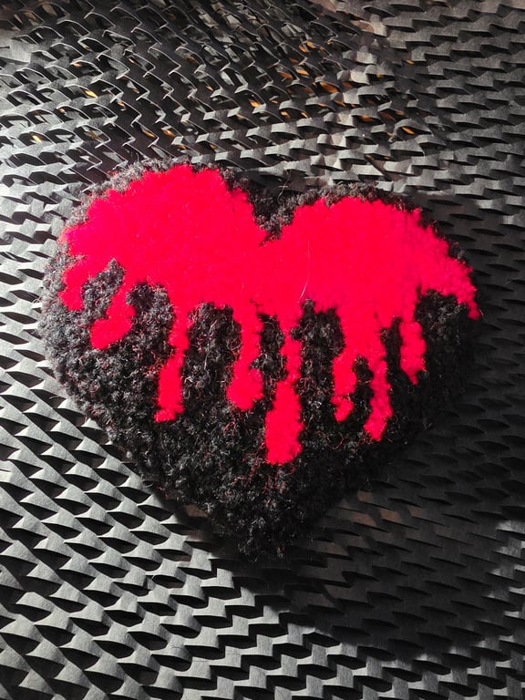 Punch Needle Bleeding Heart Red and Black Mug Rug or Desk Rug 