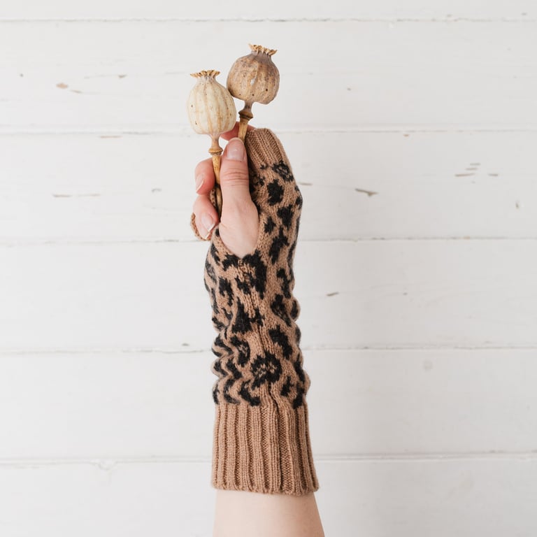 Leopard fingerless gloves - camel and charcoal