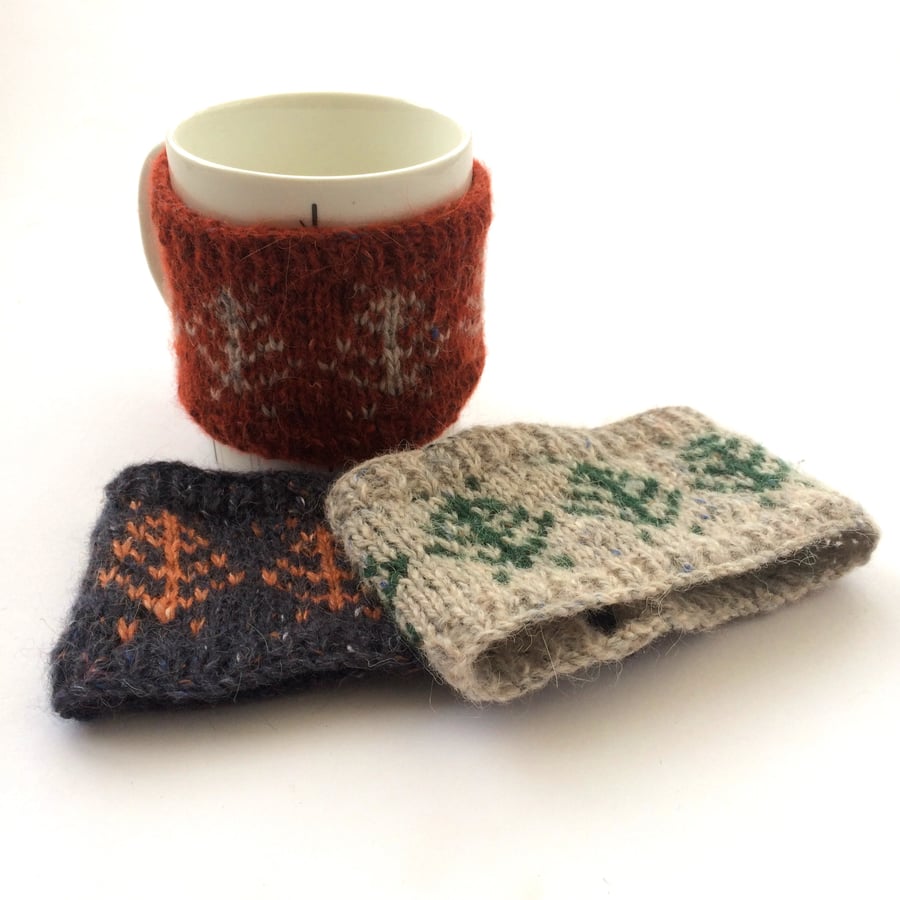 Pine Tree mug hugs , fair isle knitted cosies