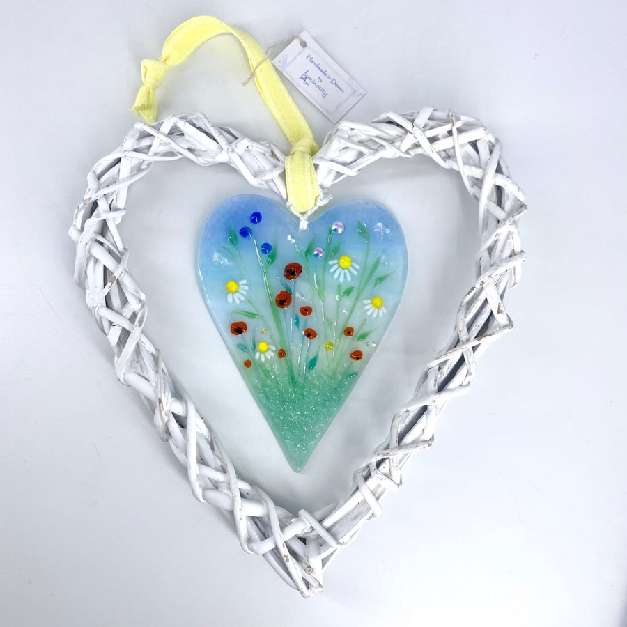 Glass Heart with Delicate Wild Flowers in Wicker Heart on Ribbon