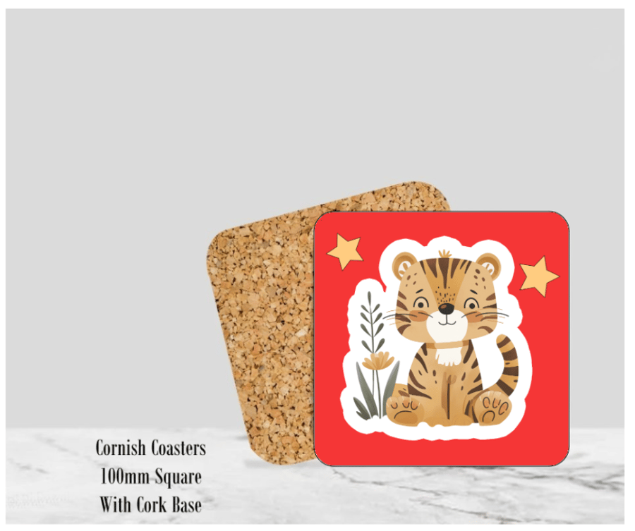 Red Happy Tiger Coaster 4" Square With Cork Base