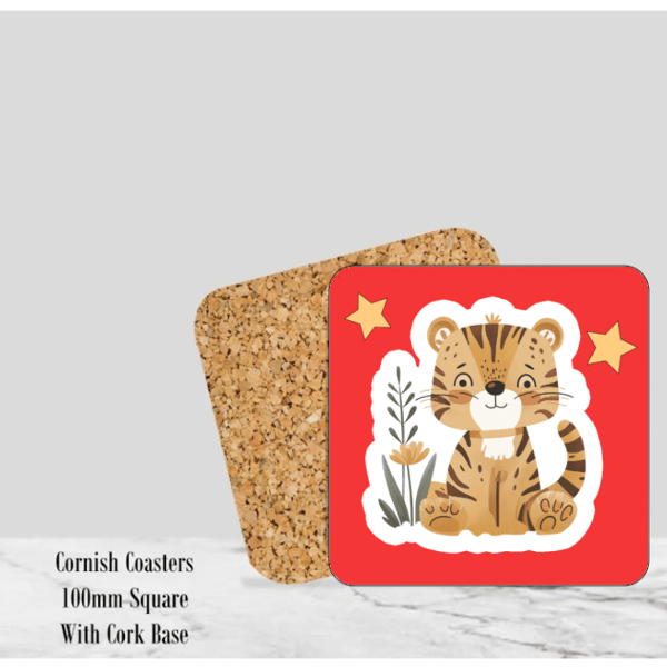 Red Happy Tiger Coaster 4" Square With Cork Base