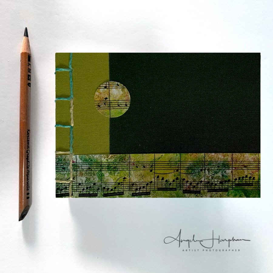 A6 Blank Handmade Book Journal Lime Forest Green Cover and Sheet Music Detail