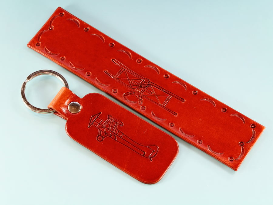 Hand Carved Tiger Moth Leather Bookmark Gift Set, Plane Leather Keyring