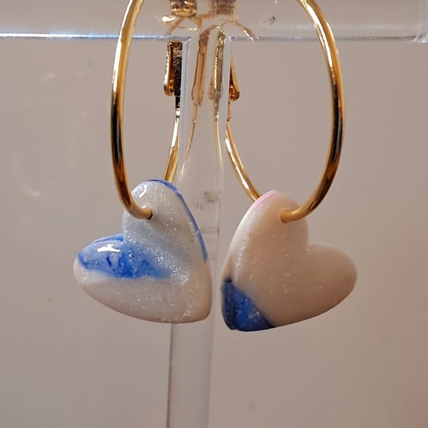 Pearl and blue heart hoops
