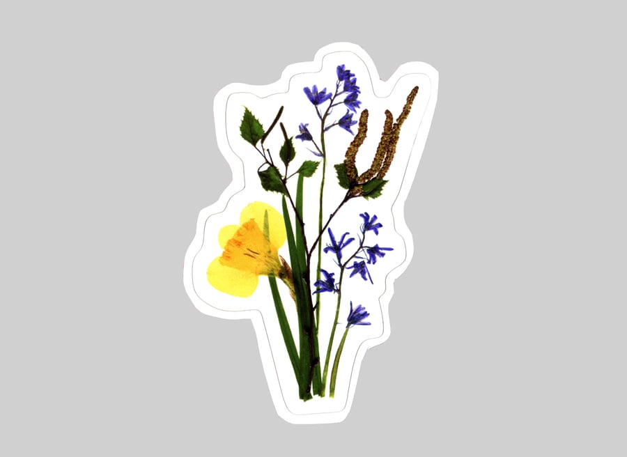 Daffodil, Bluebell and Birch sticker, Spring Pressed Flower art