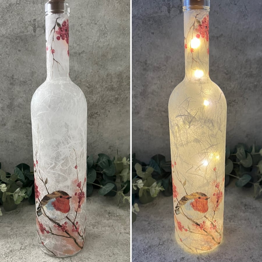 Decoupage Light Up Brandy Bottle: Robin, Home Decor, Upcycled Glass Bottle Light