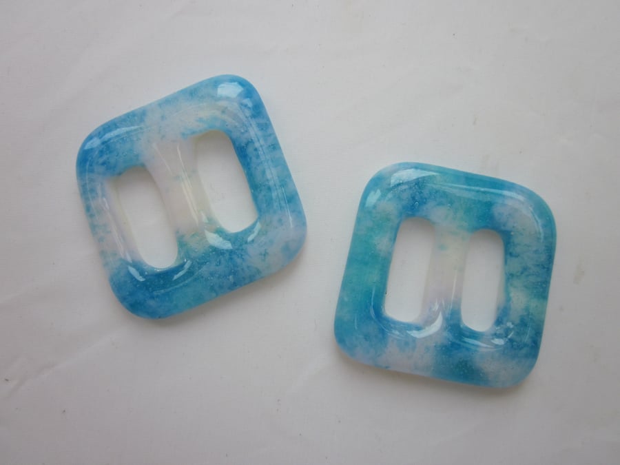One handmade cast glass buckle or button - Square summer skies
