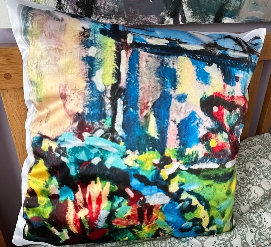 Garden scene satin cushion for living room or bedroom 