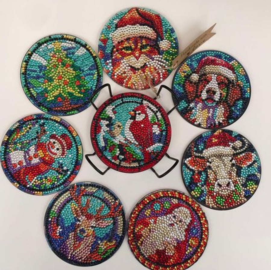 Diamond Art Coaster with Holder, Christmas Cardinal Snowman