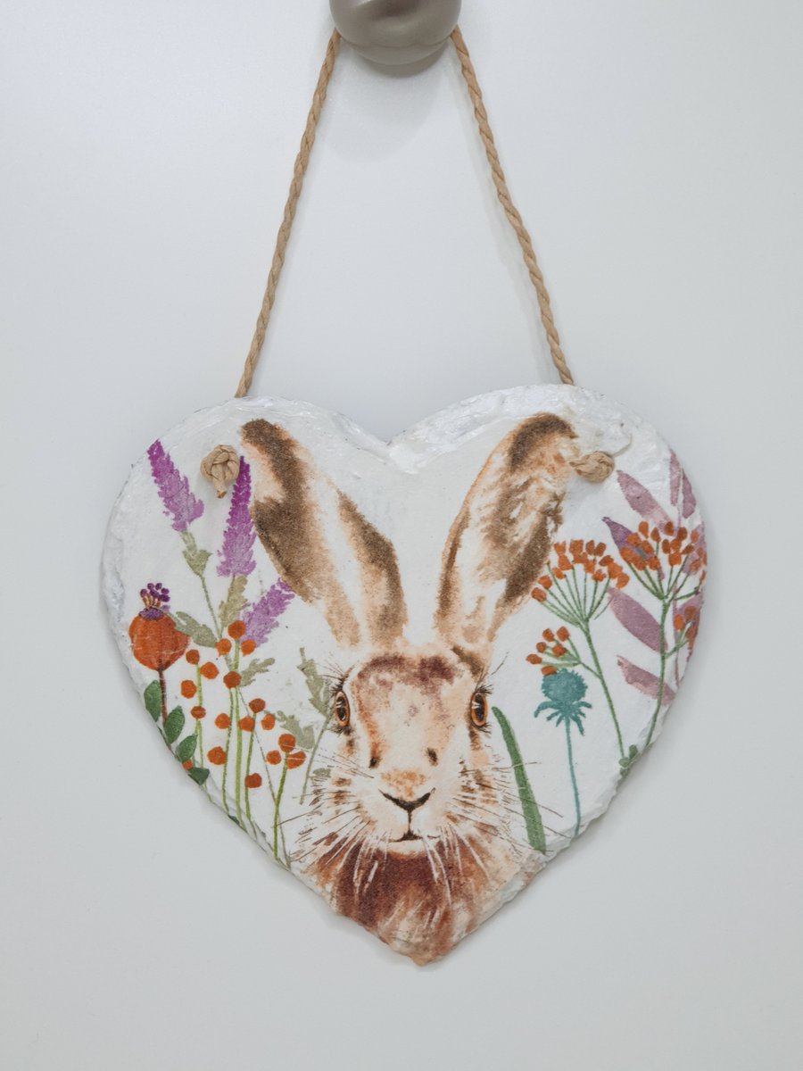 Hare, slate heart hanging decoration, home decor housewarming gift