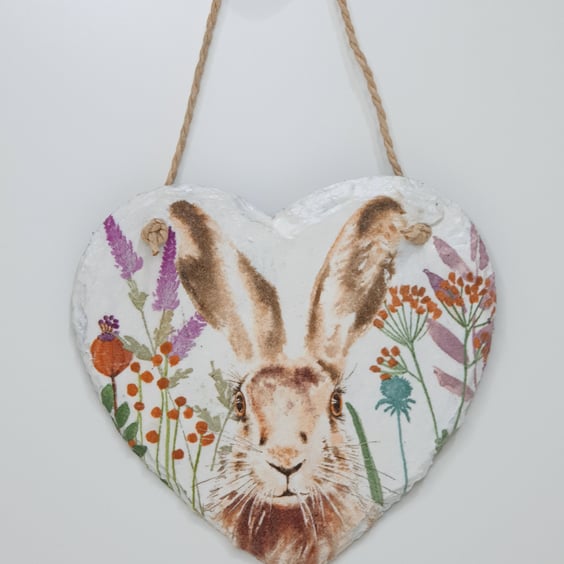 Hare, slate heart hanging decoration, home decor housewarming gift
