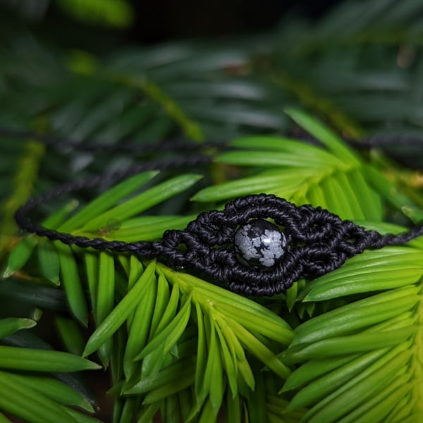Macrame delicate, adjustable bracelet with Snowflake Obsidian Boho hippie
