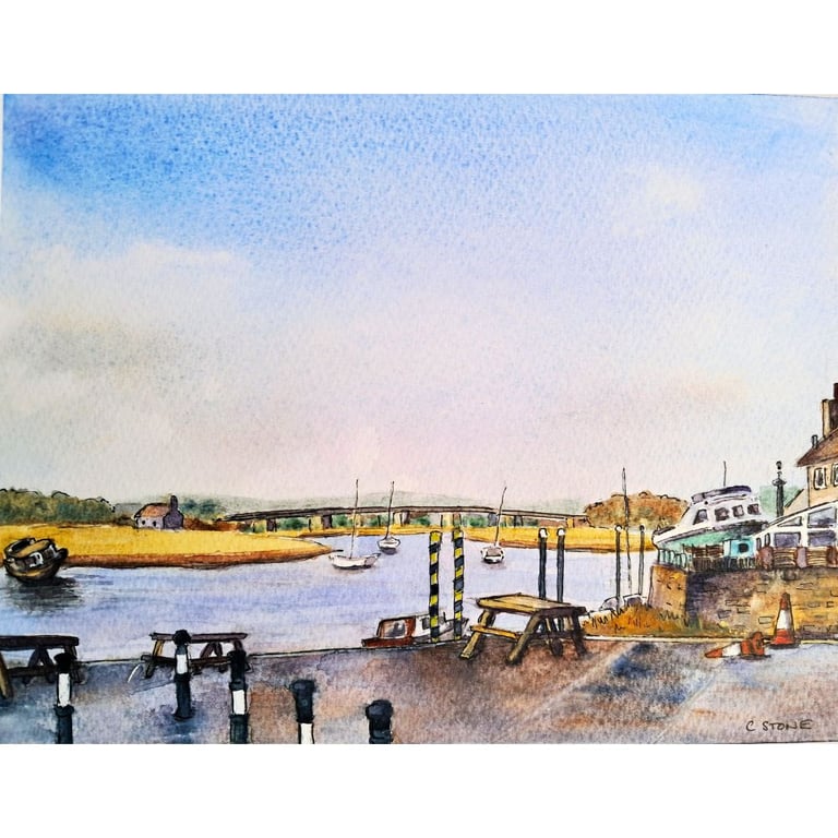 Topsham Quay Exeter Devon Watercolour and Ink Painting Mounted
