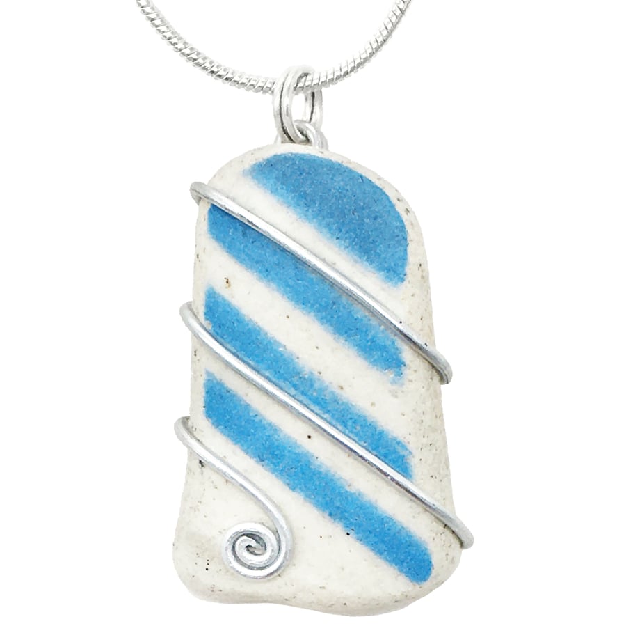 Blue Antique China Beach Pottery Pendant Necklace. Celtic Wire Wrapped Jewellery