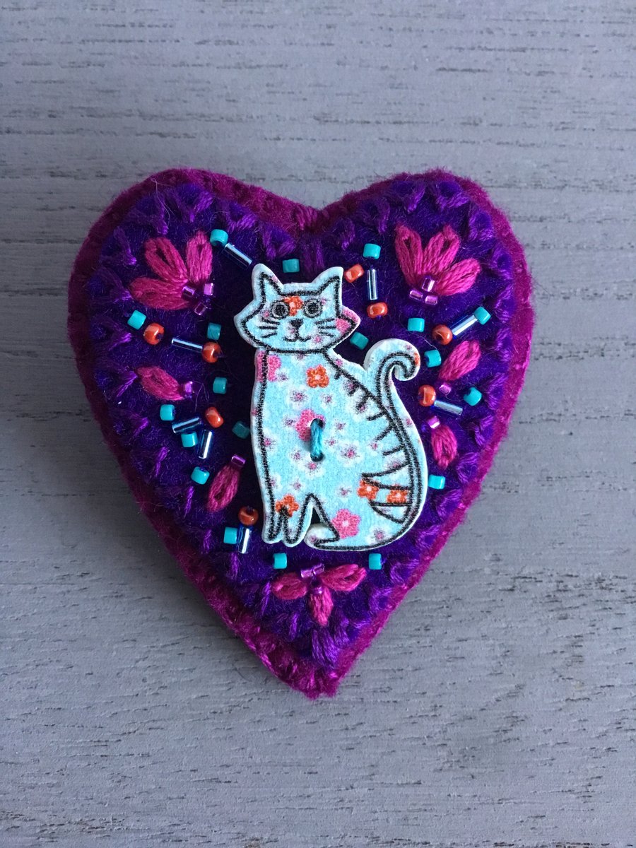 Hand Embroidered Cat Brooch
