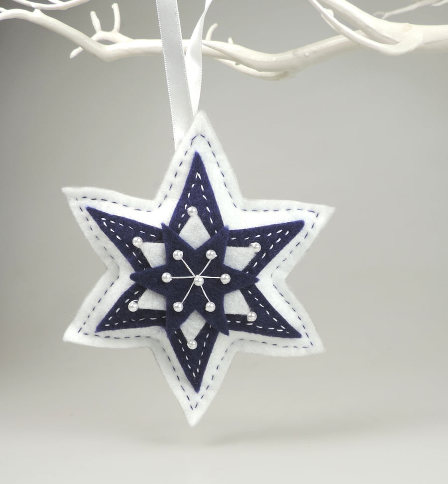 Large Felt Star, White & Navy, Handmade, embellished with faux Pearls