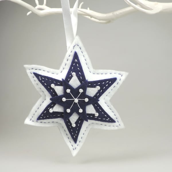 Large Felt Star, White & Navy, Handmade, embellished with faux Pearls