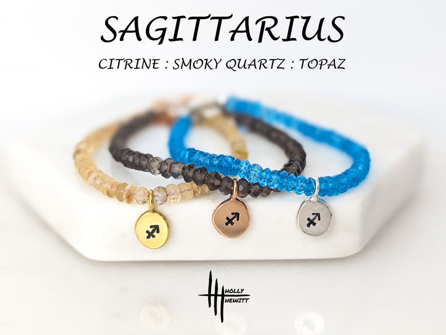 Sagittarius Zodiac Healing Gemstone Bead Bracelet; Topaz, Citrine, smoky quartz