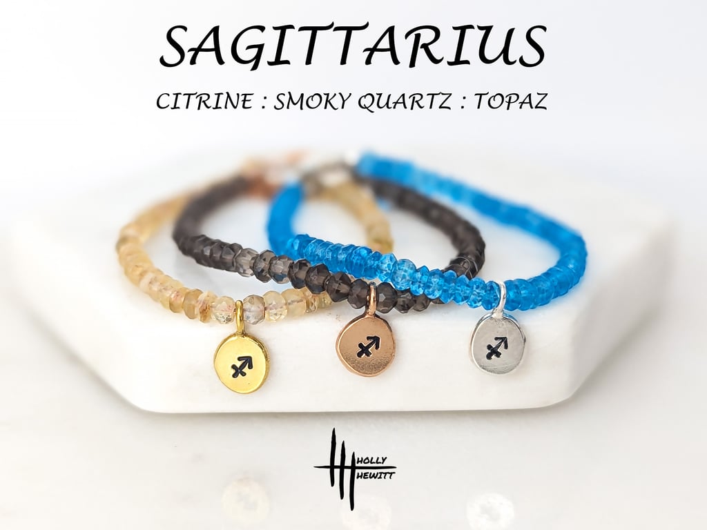 Sagittarius Zodiac Healing Gemstone Bead Bracelet; Topaz, Citrine, smoky quartz