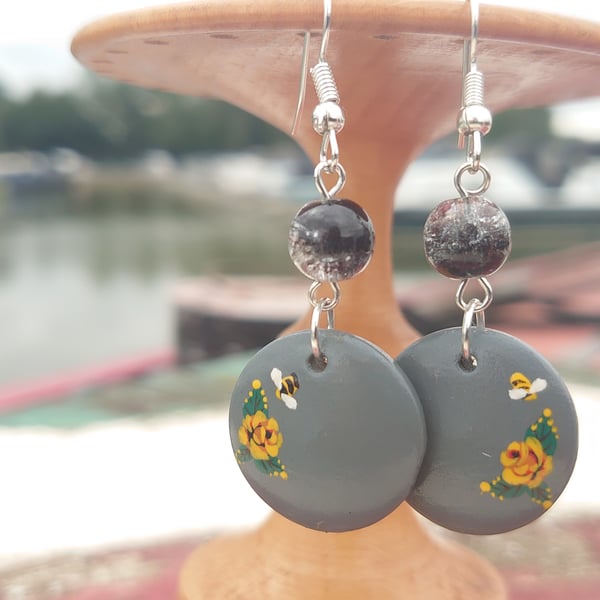 Rose and castle handpainted earrings, lunar pattern 