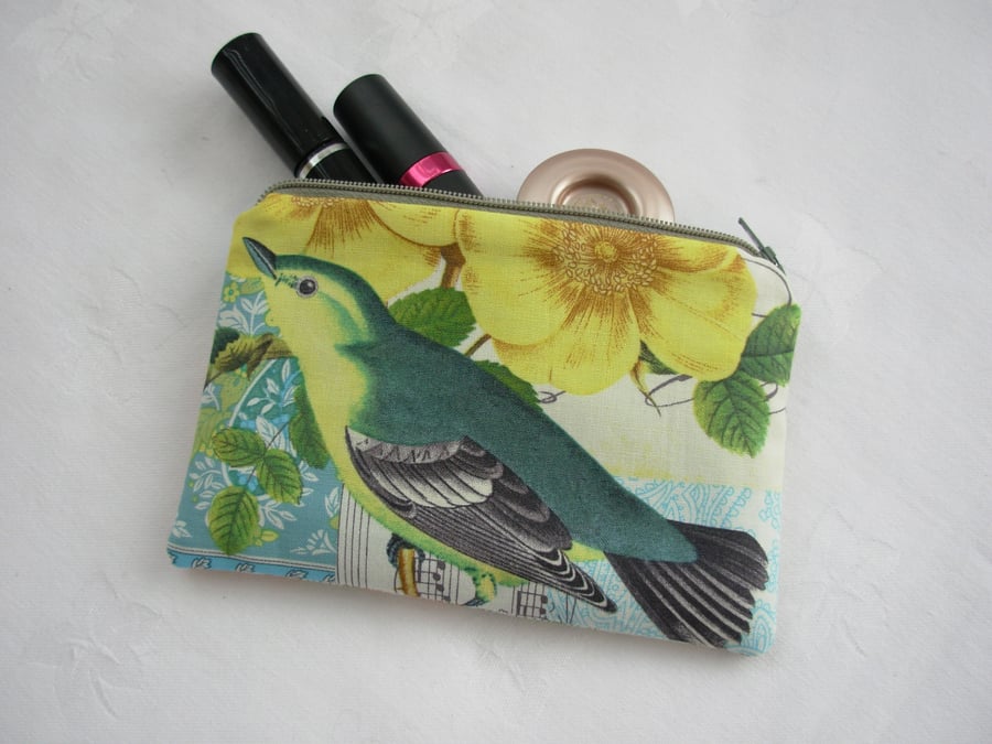 Make Up Bag in green and yellow with birds and flowers