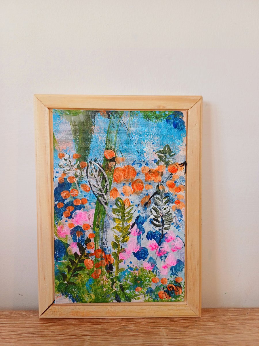 Original small acrylic abstract painting in soft wood frame ready to hang