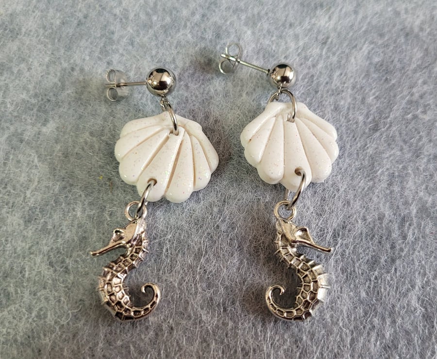 Polymer Clay Shell & Seahorse Earrings, 316 Surgical Stainless Steel