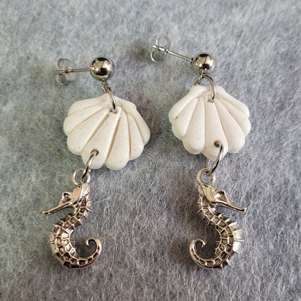 Polymer Clay Shell & Seahorse Earrings, 316 Surgical Stainless Steel