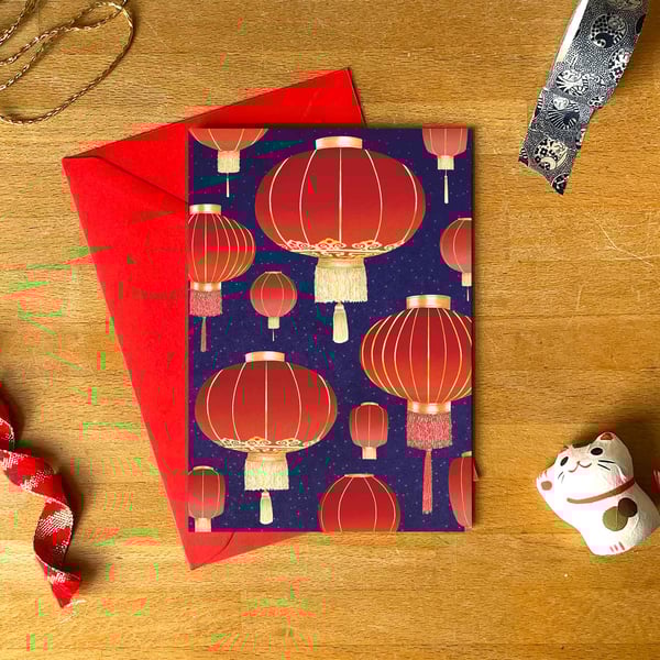 Chinese Lantern Greetings Card – Red Lantern Night Sky Design with Red Envelope