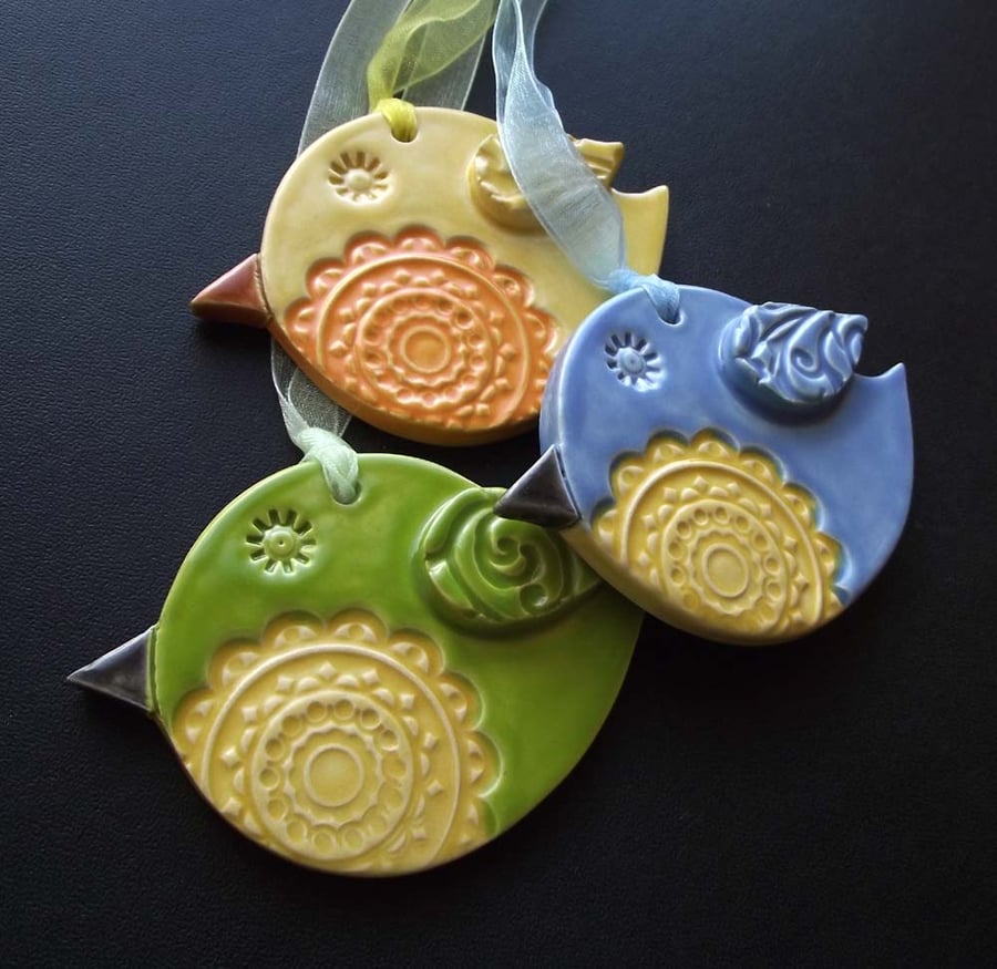 Sale Set of three ceramic bright summer bird decorations