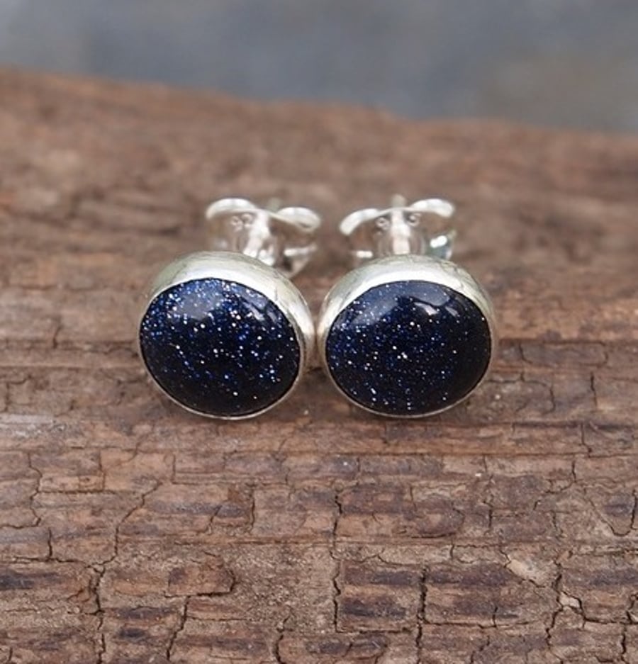 7mm stud earrings, midnight blue goldstone studs, handmade jewellery