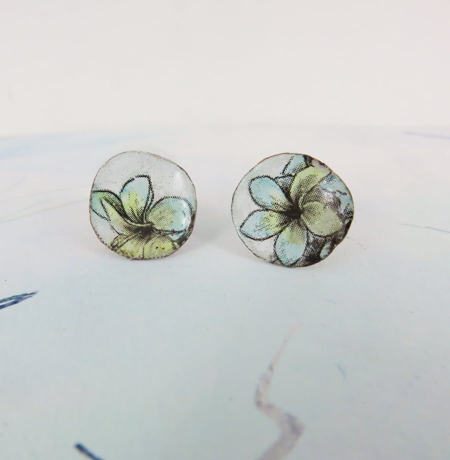 Flower Design Enamel on Hand Cut Copper Studs