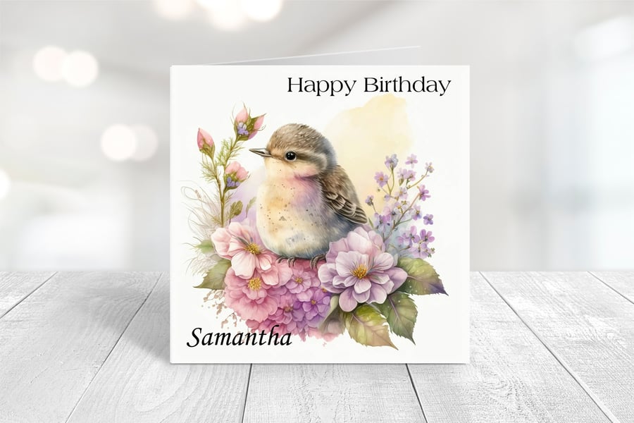 Personalised Spring Birds Birthday Card. Design 4