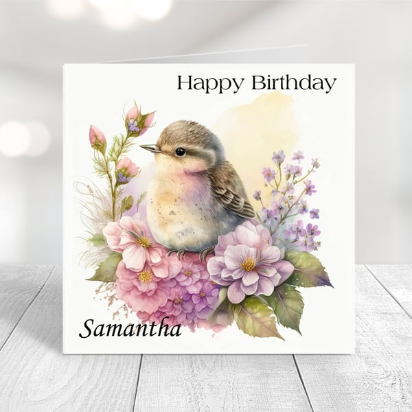 Personalised Spring Birds Birthday Card. Design 4