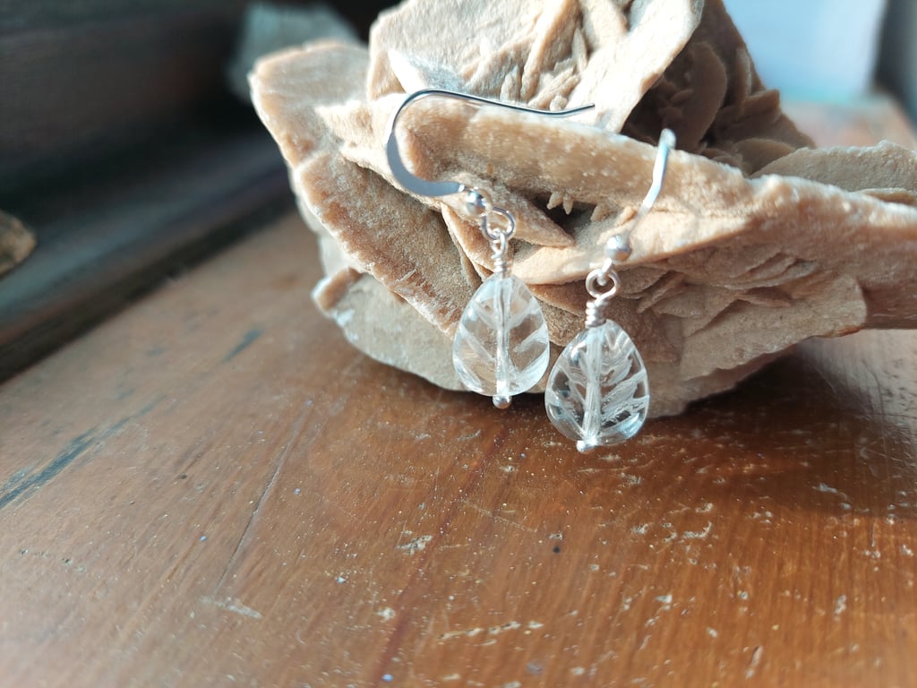 Sterling Silver Clear Quartz Leaf Earrings