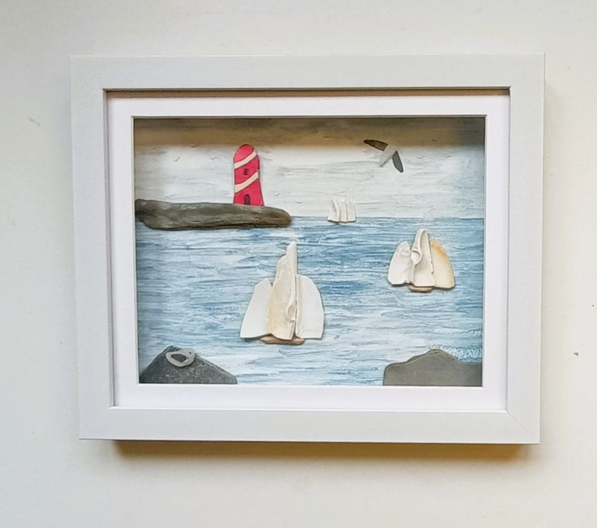 Tall Ships and Lighthouse, Coastal Wall Art, Made in Cornwall