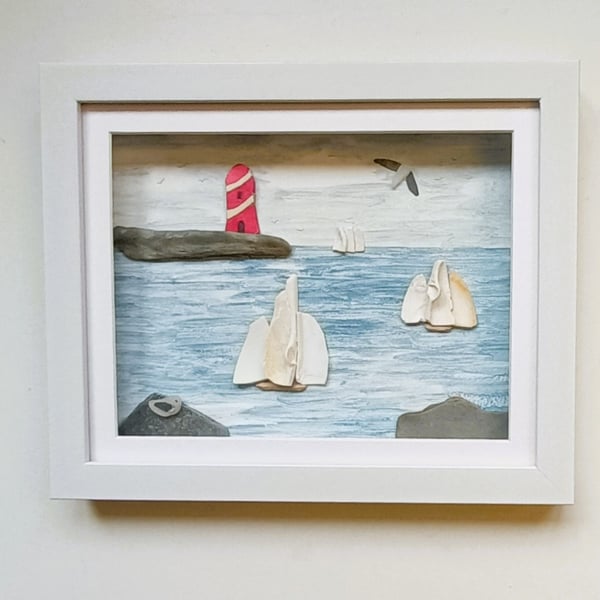 Tall Ships and Lighthouse, Coastal Wall Art, Made in Cornwall