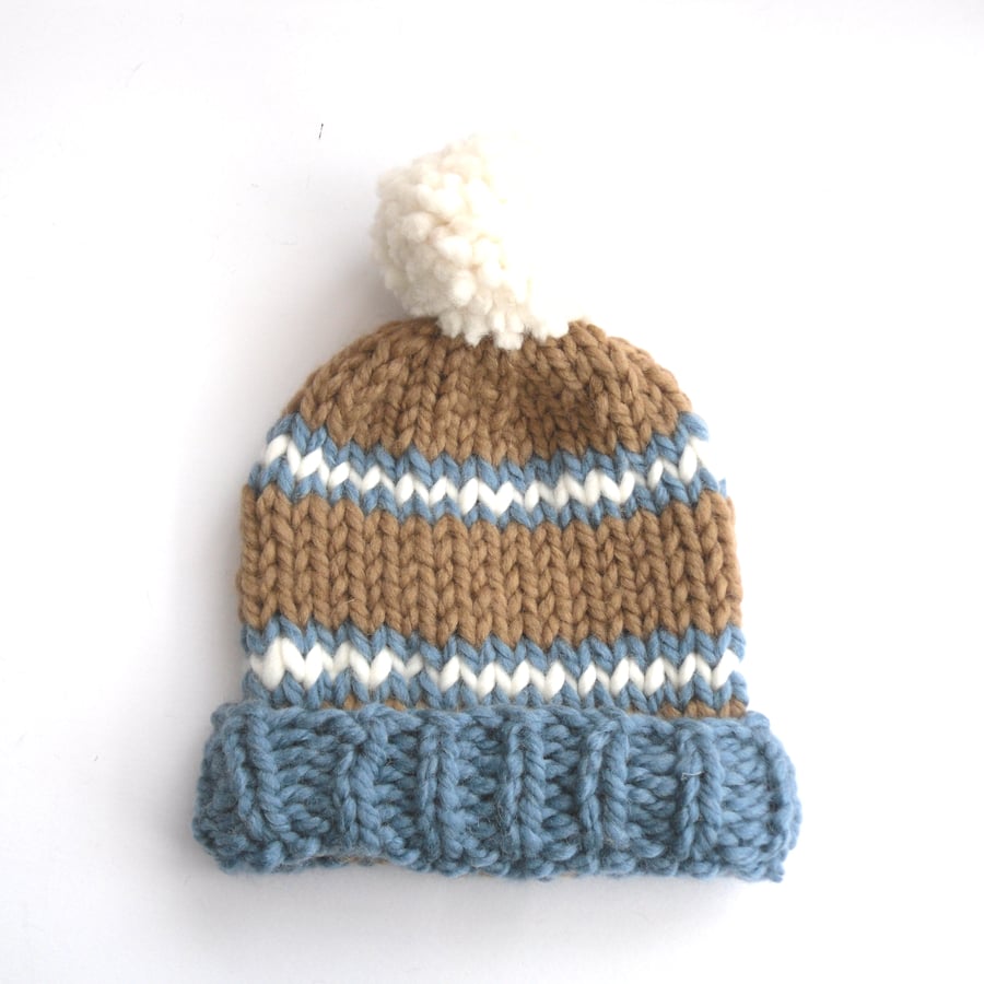 SECONDS SUNDAY Knitted striped Ski hat , beanie hat with pom pom 
