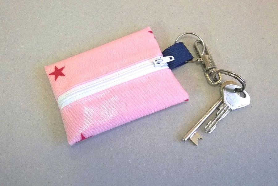 Coin purse key ring, Thick oilcloth, Fits lip Vaseline, Pink with red stars, 