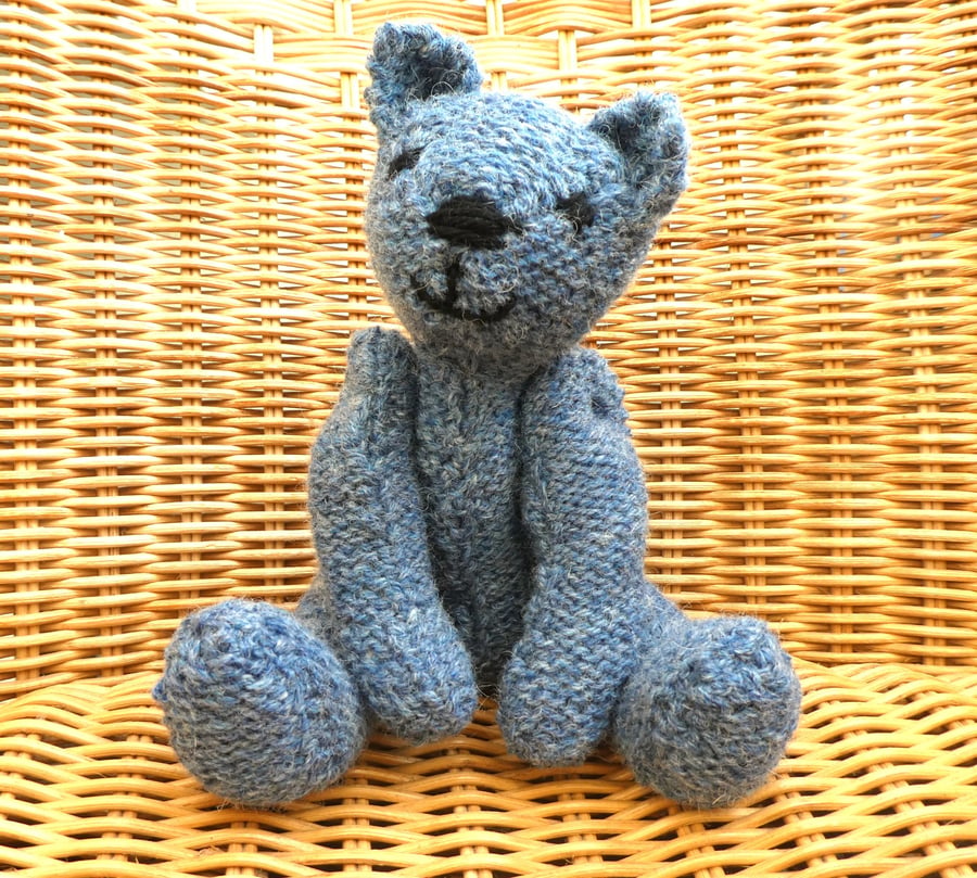 Handmade 8" Blue Teddy Bear knitted in 100% Wool