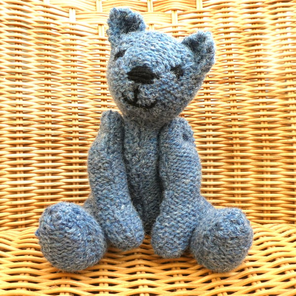 Handmade 8" Blue Teddy Bear knitted in 100% Wool