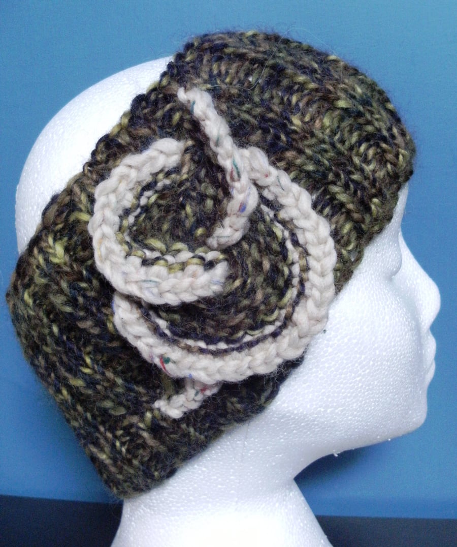 Hand knitted Double Ribbed Headband 100% wool- Khaki Tweed with Swirl