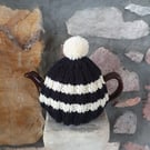Small Tea Cosy for 2 Cup Tea Pot, Black & Cream, Hand Knitted, Wool Mix Yarn
