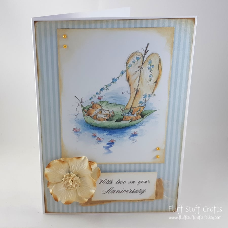 Handmade anniversary card - mice in a leaf boat