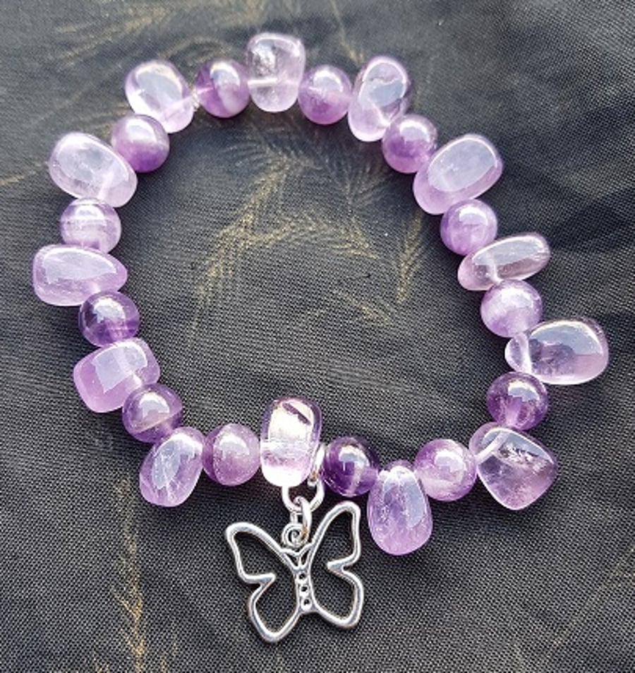 Beautiful Amethyst Stretch Bracelet with Butterfly Charm
